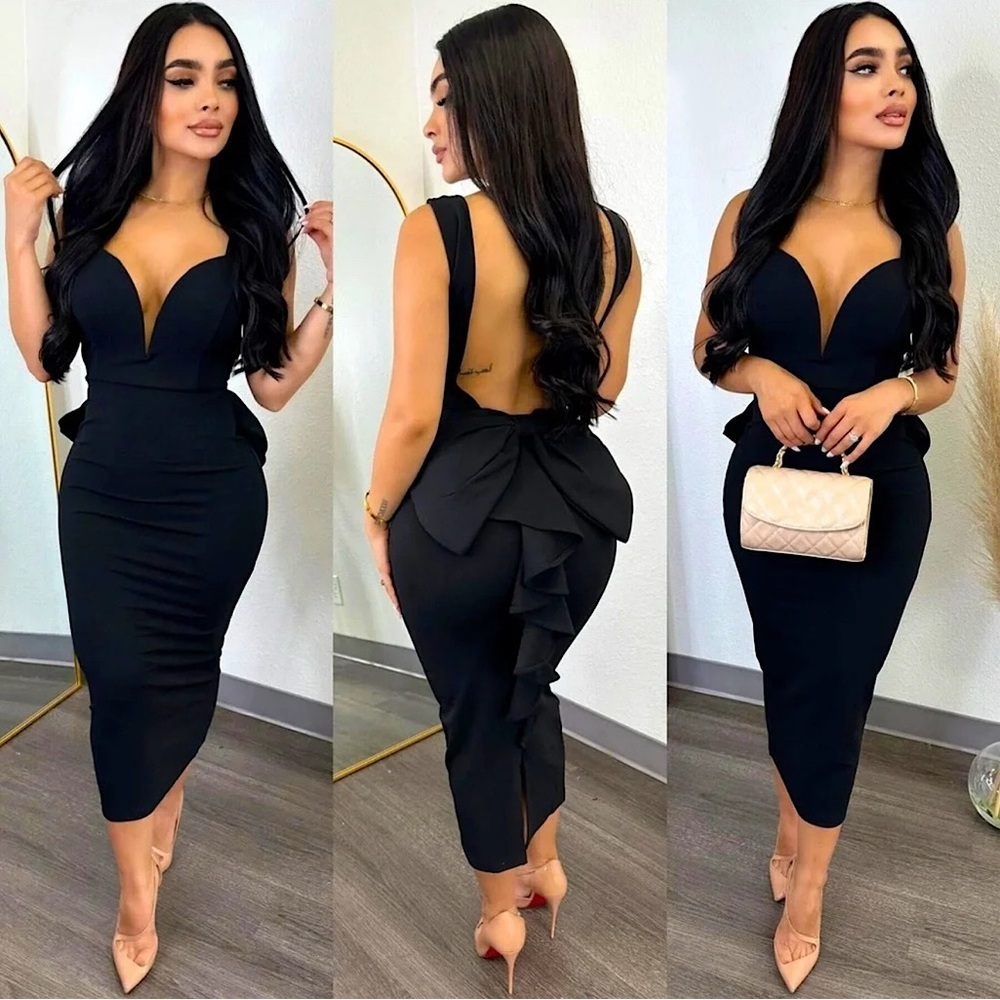 Elegant Black Backless Bow-Accent Midi Dress